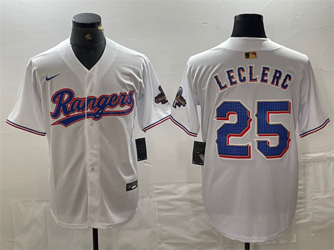 Men's Texas Rangers #25 Jose Leclerc White Gold Cool Base Stitched Baseball Jersey Men's Texas Rangers #25 Jose Leclerc White Gold Cool Base Stitched Baseball Jersey